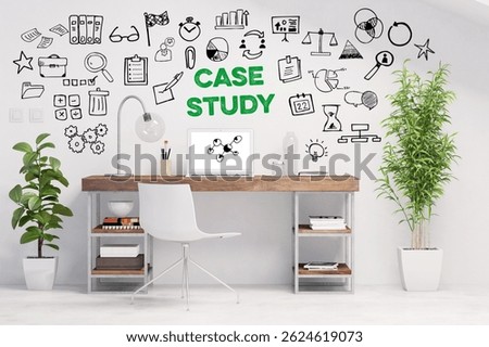Modern desk with a case study slogan and icons as a science and business concept. (3d rendering)