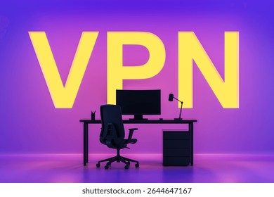 Modern desk setup with computer and lamp in front of huge yellow VPN letters, neon purple background, 3D Rendering, concept of online privacy and security