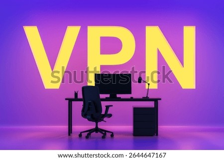 Modern desk setup with computer and lamp in front of huge yellow VPN letters, neon purple background, 3D Rendering, concept of online privacy and security