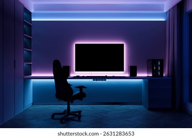 A modern desk setup features a large monitor lit by vibrant blue and purple LEDs. This creates an immersive, cinematic atmosphere for movie viewing. 3D render.