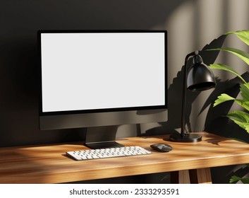 Modern Desktop Computer with blank screen on wooden table, Responsive web design and website mockup, Computer mockup.