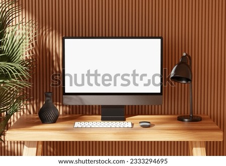 Modern Desktop Computer with blank screen on wooden table, Responsive web design and website mockup, Computer mockup.