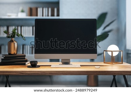 Modern desktop computer with a blank screen on a wooden desk in an office interior, concept of work space. 3D Rendering
