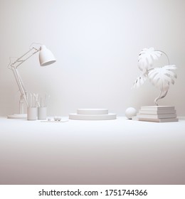 Modern Desktop Stage Arrangement With Decorations 3D Rendering Wide Angle. Modern Clay Render Best To Use For UI Mockup, Desk Mockup, Stage Mockup, Set Mockup Etc.