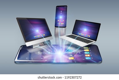 Modern devices connected to each other on grey background 3D rendering
