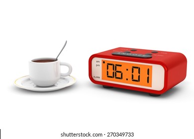 Modern Digital Alarm Clock With Coffee Cup On A White Background