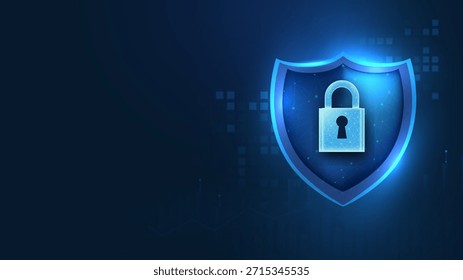 A modern digital security shield with a padlock symbol, representing data protection and cybersecurity in a sleek blue design.