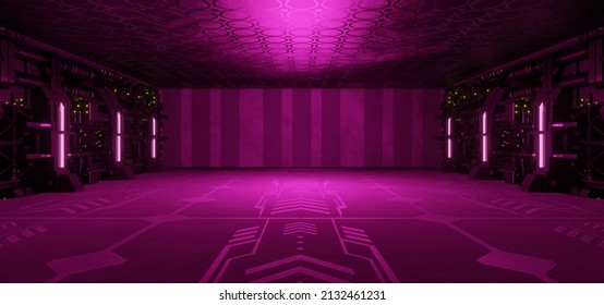 Modern Digital Simulation Cyberspace Background Interior Metal Mesh Corridor Solid Metallic Dark Purple Colors Abstract Background Industrial Lab Used For Presentations 3D Render