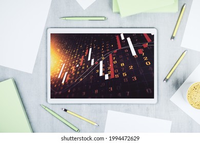 Modern digital tablet screen with abstract financial diagram, banking and accounting concept. Top view. 3D Rendering