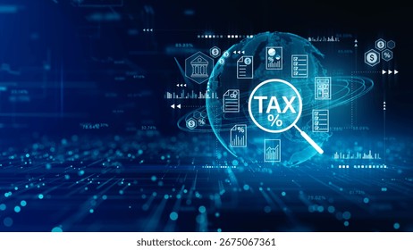 Modern digital tax analysis interface with global data network, charts, and financial documents. Ideal for fintech, accounting, and digital finance projects. 3d Rendering