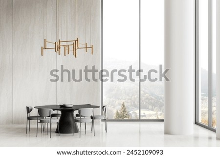 A modern dining area with a large window overlooking a scenic view, an elegant chandelier, and stylish furniture, set on a minimalist background. 3D Rendering