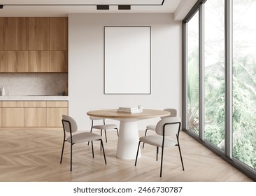 A modern dining room with a blank poster on the wall and large windows showing greenery. Light colors and minimalist design create a calm atmosphere. Poster mockup concept.  3D Rendering - Powered by Shutterstock