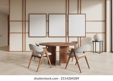 Modern dining room featuring three blank posters on the wall, a round wooden table, four chairs, and a ceramic vase on a stand. Interior design concept. 3D Rendering