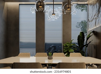 Modern dining room interior design contemporary, with natural tones on the room, walls, floor and ceiling. 3d rendering illustration