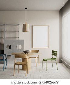 Modern dining room interior featuring round wooden table, mixed chairs and blank poster frame mockup on wall, bright contemporary apartment dining space with minimalist decor. 3D illustration