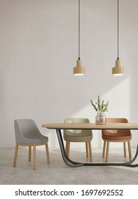 Modern Dining Room Interior Minimal Style.Chairs,table,glass Vase And Ceiling Lamp With Sunlight On White Wall Background.3d Rendering