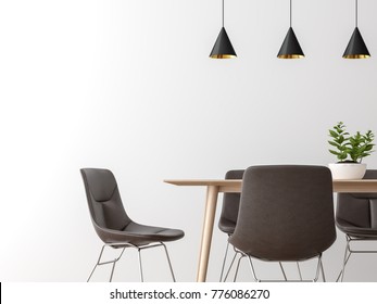 Modern Dining Room Interior Minimal Style Image 3d Rendering,There Are Empty White Wall,leather Chair And Wood Desk