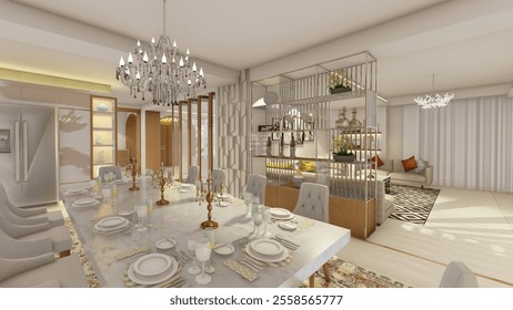 Modern Dining Room Perspective Featuring Custom Artistic Wall Decor 3D Visualization