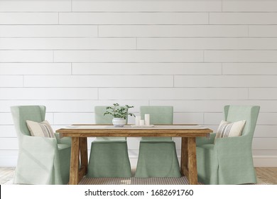 Modern Dining-room With The Shiplap Wall. Interior Mockup. 3d Render.