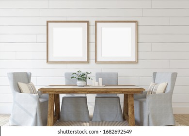 Modern Dining-room With Two Square Frames On The Wall. Interior And Frame Mockup. 3d Render.