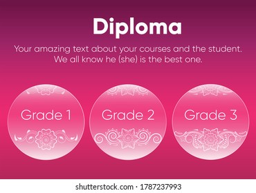 Modern diploma template for 3-stages education. Three bubbles with decorative flowers and pink gradient background. Image for print. Perfect for henna art certificate - Powered by Shutterstock