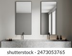 Modern double sink with faucets and mirrors on a neutral wall, minimalist design for a bathroom or washroom.  3D Rendering