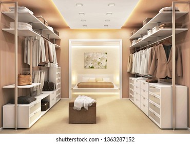 Modern Dressing Room In A Large Luxury Bedroom. 3D Rendering