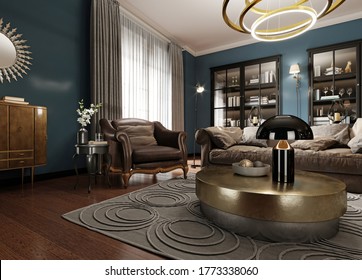 A modern eclectic living room in dark colors, with a soft leather sofa and an armchair. Black bookcase built-in wardrobe. 3D rendering