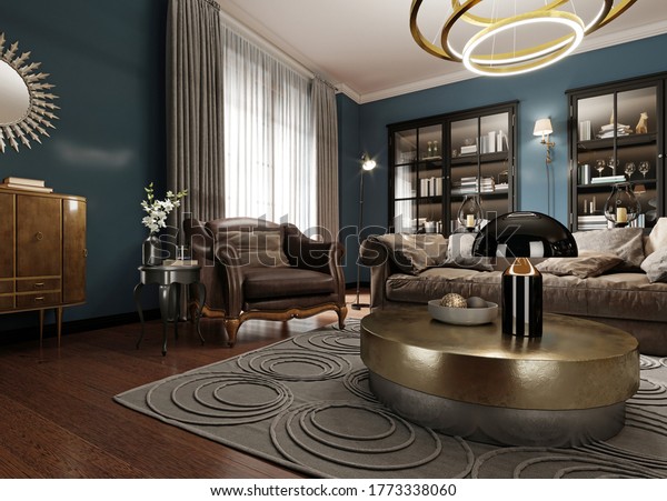 A modern eclectic living room in dark colors,\
with a soft leather sofa and an armchair. Black bookcase built-in\
wardrobe. 3D rendering