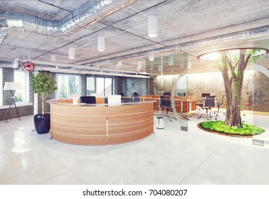 Modern Eco Loft Office Reception. 3d Rendering Concept