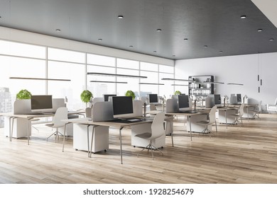 Modern Eco Spacious Office With Wooden Floor And Tables, Big Windows, Grey Top And White Chairs. 3D Rendering