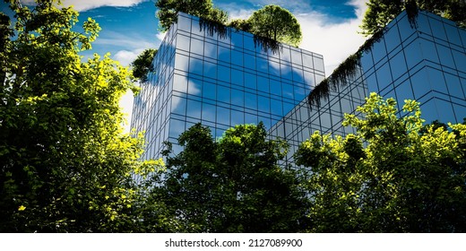 A modern eco-friendly office building in green forests. sustainable climate visuals - 3d render - Powered by Shutterstock