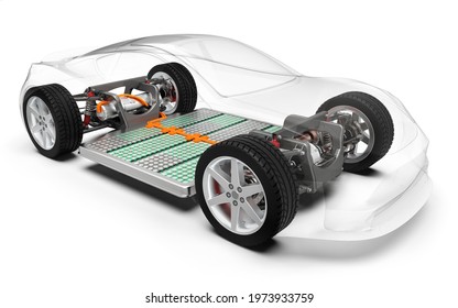 Modern Electric Car With Battery, X-ray Vehicle Chassis, 3D Rendering