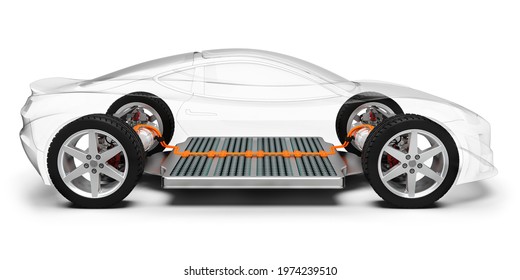 Modern Electric Car With Battery, X-ray Vehicle Chassis, 3D Rendering