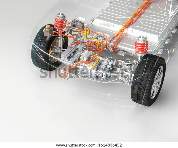 Modern\
electric car chassis front axle x-ray vehicle electric motor in\
studio environment line art 3d\
illustration