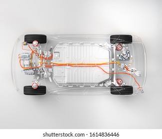 Modern Electric Car Chassis X-ray  Top Down View Vehicle Battery In Studio Environment Line Art 3d Illustration