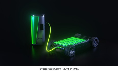 Modern electric car modular platform board charging battery pack rechargeable cells inside. Electric drive train module chassis components, motor powertrain, controller. 3D rendering
