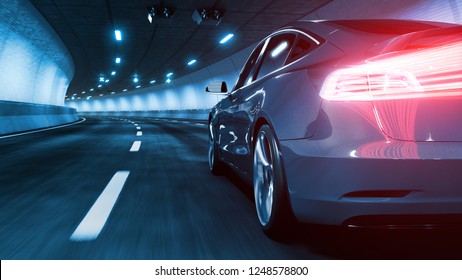 Modern Electric car rides through tunnel with cold blue light style