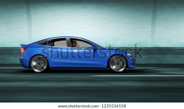 Modern Electric car rides through tunnel with\
Gray Cyan light style 3d\
rendering
