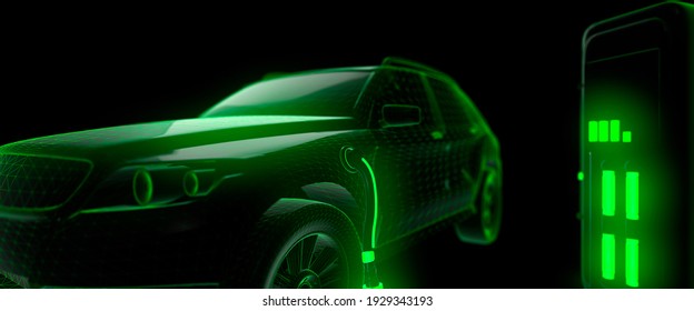 Modern electric green car charging at a charge station 3d render