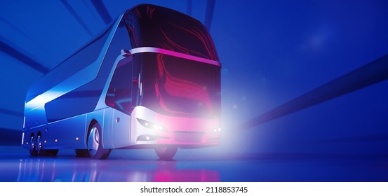 Modern Electric Luxury Tour Bus Illustration On Dark Blue Abstract Urban Background Rendered In 3d