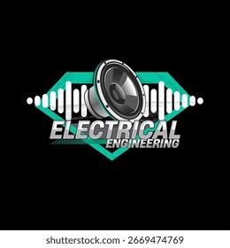 Modern electrical engineering logo design featuring a loudspeaker and soundwave graphic elements. Futuristic and stylish emblem for audio, sound system, technology, and engineering-related themes