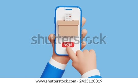 Modern electronic voting system for election. 3D hand holding smartphone with voting app on the screen. Voting online, e-voting, election internet system concept. 3d illustration