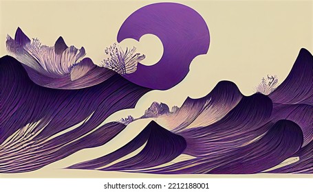 Modern, elegant, abstract and fantastic graphic design in retro Japanese style, like ukiyoe on a sliding door, with a series of corrugated objects in purple tones on a cream background.