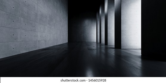 Modern Elegant Architecture Grunge Concrete Columns Cement Reflective Underground Hallway Room Garage Gallery Tunnel Corridor Dark Empty Background 3D Rendering Illustration