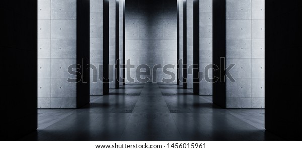 Modern Elegant\
Architecture Grunge Concrete Columns Cement Reflective Underground\
Hallway Room Garage Gallery Tunnel Corridor Dark Empty Background\
3D Rendering\
Illustration
