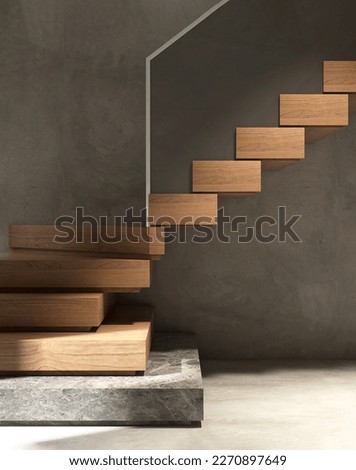 Modern, elegant L shape wood cantilever stair with black granite base staircase, tempered glass panel balustrades, stainless steel handrail on polished concrete wall loft house. Interior background 3D Foto stock © 