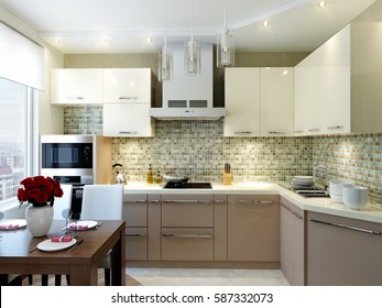Modern elegant and luxurious kitchen interior design turquoise, green and beige colors with dining area, dining table and chairs. 3d render