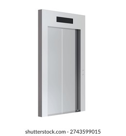 Modern elevator doors with gray sliding panels and black floor indicator, angled perspective centered in frame, isolated on white background, ideal for building interior and accessibility concepts.