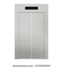 Modern elevator doors with gray sliding panels and black floor indicator, straight front view centered in frame, isolated on white background, ideal for building interior and accessibility concepts.